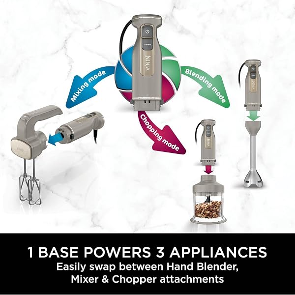 Ninja Foodi 3-in-1 Hand Blender, Hand Mixer & Chopper with Gradual Start, 2 Blending and 5 Mixing Speeds to Chop, Mix, Knead, Blend and more, Dishwasher Safe Parts, 850W, Stone Gold CI100UKSTGD - 2