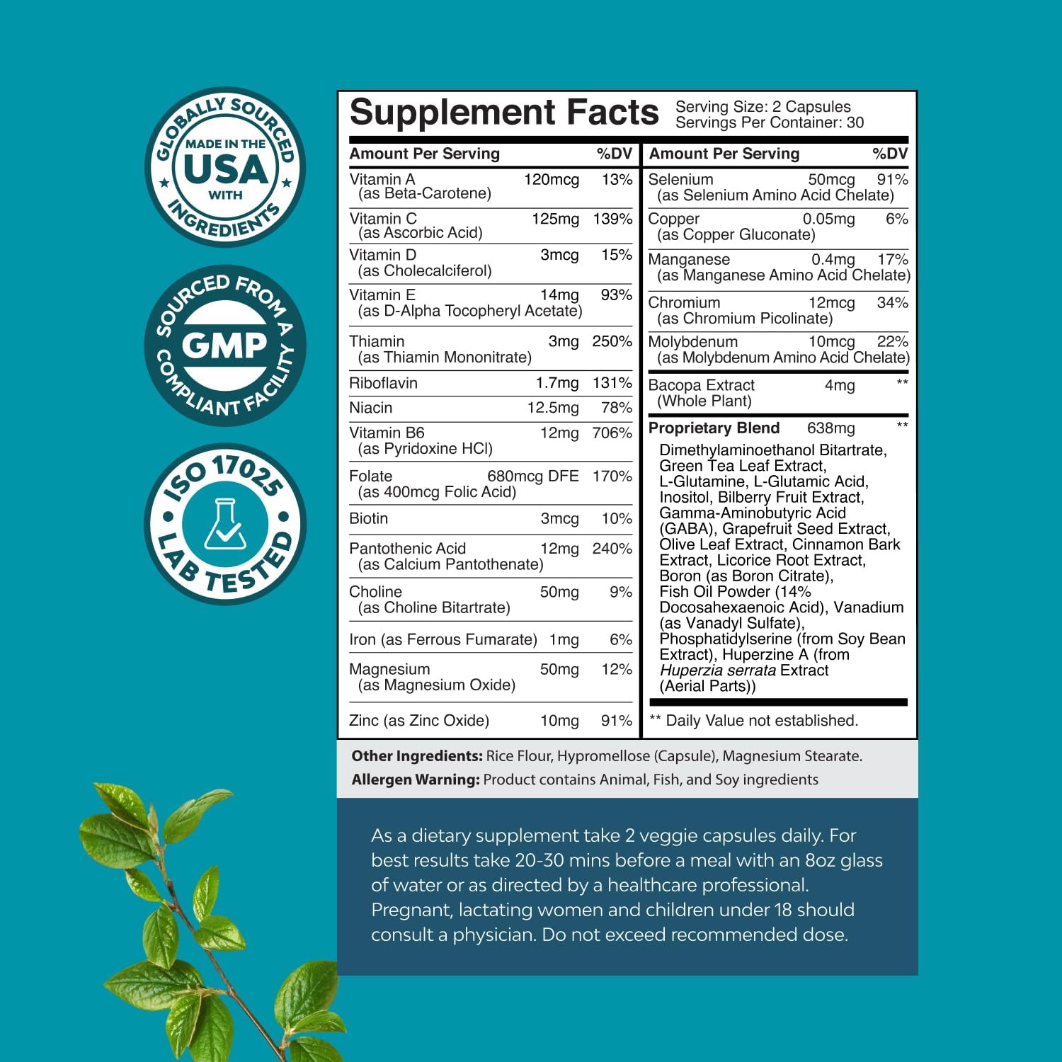 Nootropic Brain Supplement for Memory and Focus Enhancement - Vitamins for Mental Health & Clarity with VIT A, B6, Riboflavin, Niacin, Thiamin & Folate - Cognitive Complex for Mind Vitality - 60 Ct - Image 3