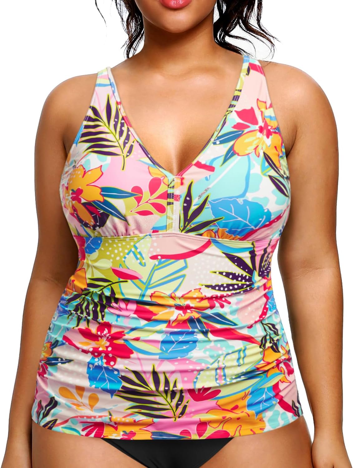 Yonique Women Plus Size Tankini Top Only Tummy Control Bathing Suit Top V Neck Swim Top No Bottom - Image 4