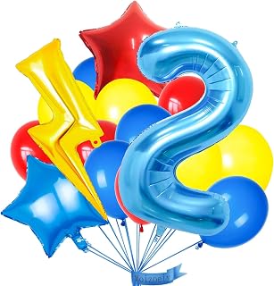 40 Inch Blue 2 Balloon Number, Latex Red Black Yellow Balloons, Lightning Balloons for Kids 2nd Birthday Baby Shower Decorations
