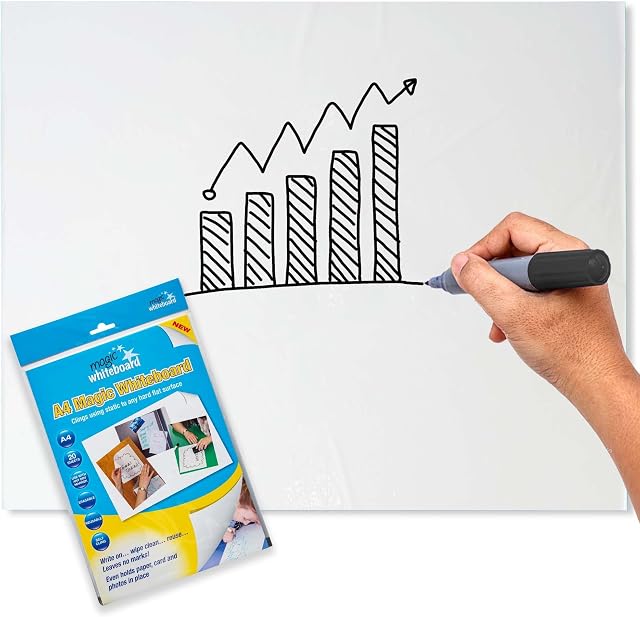 Magic Whiteboard Mini Whiteboard Sheets - Static & Portable A4 White Board Sheet for Wall, Doors, Windows, Fridges, & Glass - 20 Plain White Easy Clean, Dry Erase Board for School, Office & Kitchen