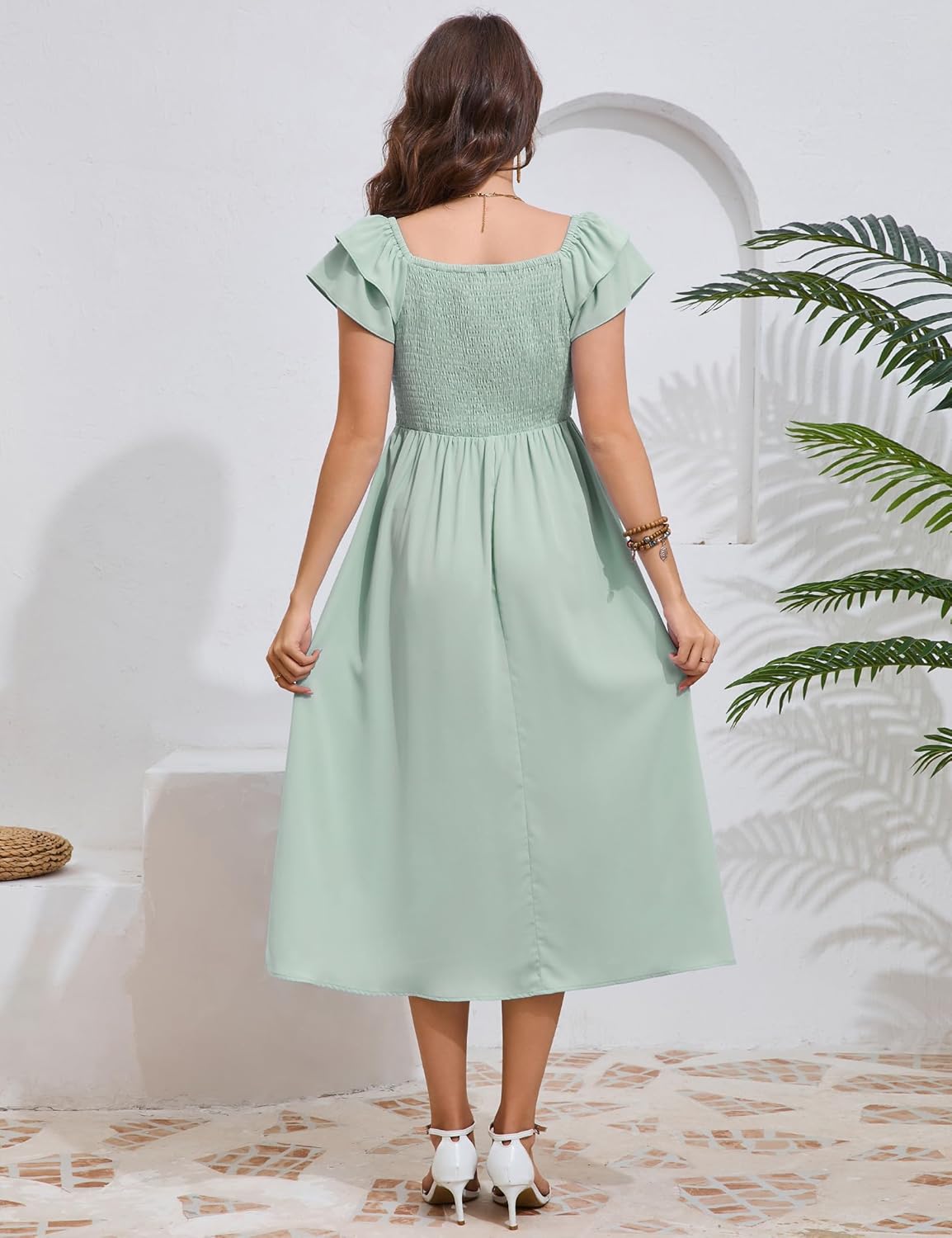 KOJOOIN Womens Maternity Flutter Short Sleeve Square Neck Summer Casual Dress Smocked Boho Maxi Dress Photoshoot Baby Shower - Image 6