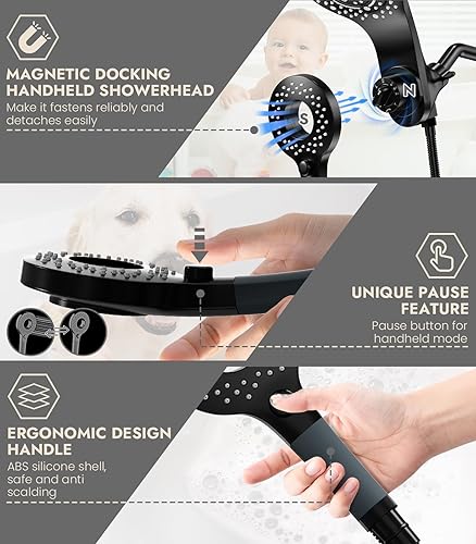 Miniatura 5 de Cabezales de ducha con combo de rociador de mano, cabezal de ducha de lluvia 2 en 1 de alta presión con 9 modos de pulverización, grifo de ducha