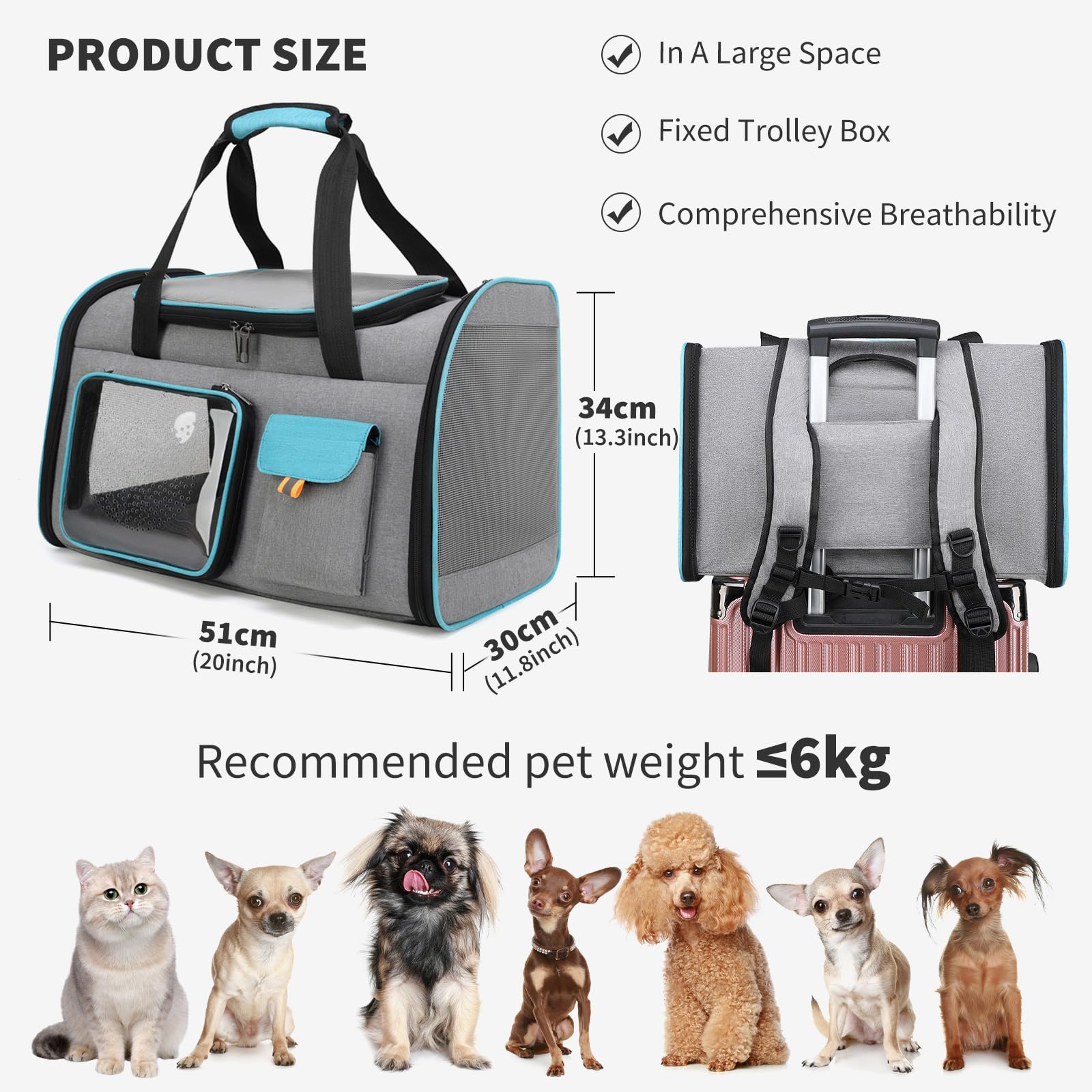 PETCUTE Transportin Gato Plegable, Transportín para Gatos y Perros con Correa de Hombro Ajustable,Transpirable Transportin para Gatos con Colchón Suave,para Coche Avión,Viaje,hasta 7.5kg