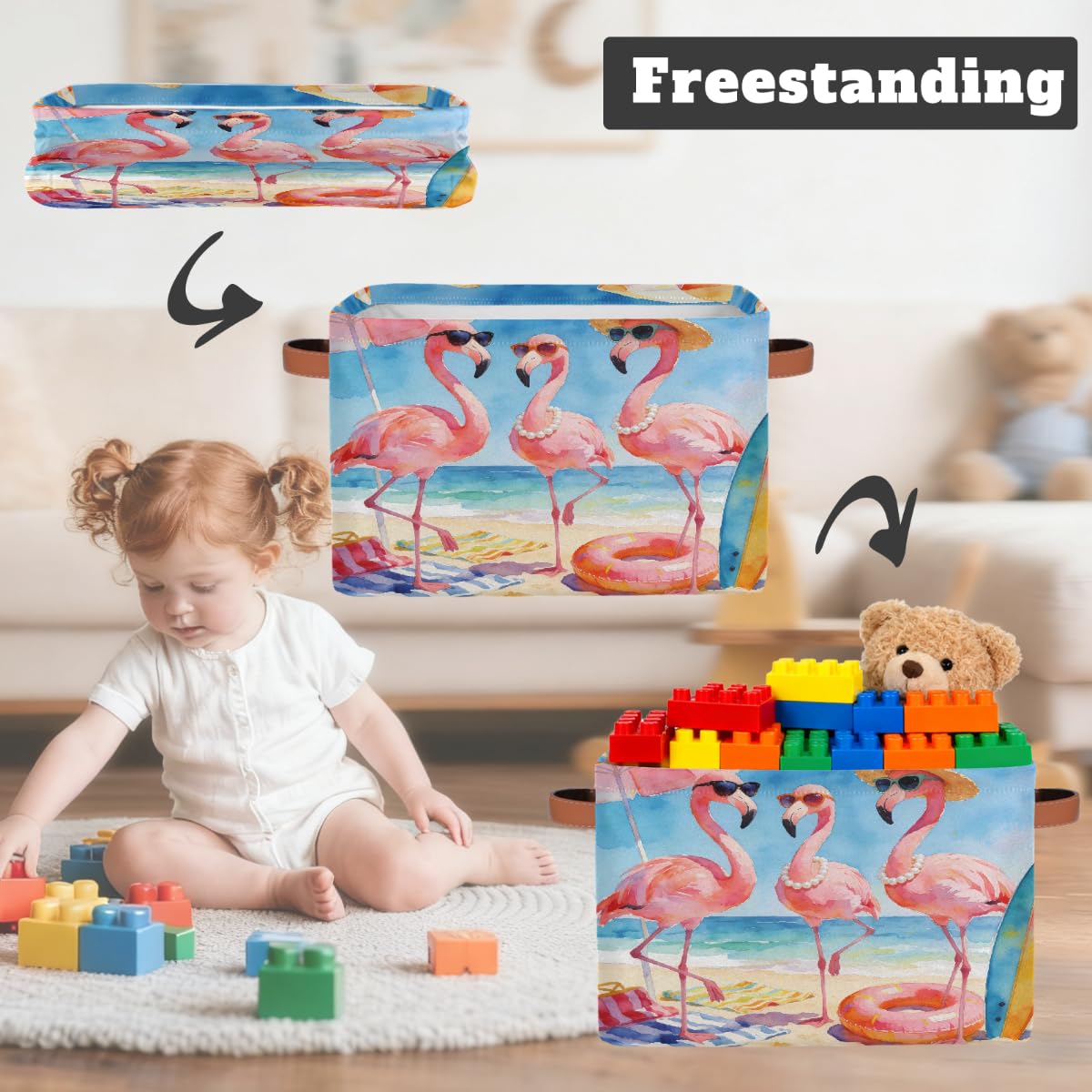 Lustiger Sommer-/Strand-Flamingo-Aufbewahrungskorb mit Ledergriffen, faltbarer Stoff-Aufbewahrungskorb für Schrank, Badezimmer, Wohnzimmer, Büro, Spielzeug, Organizer, Wäschekorb, 2 Stück