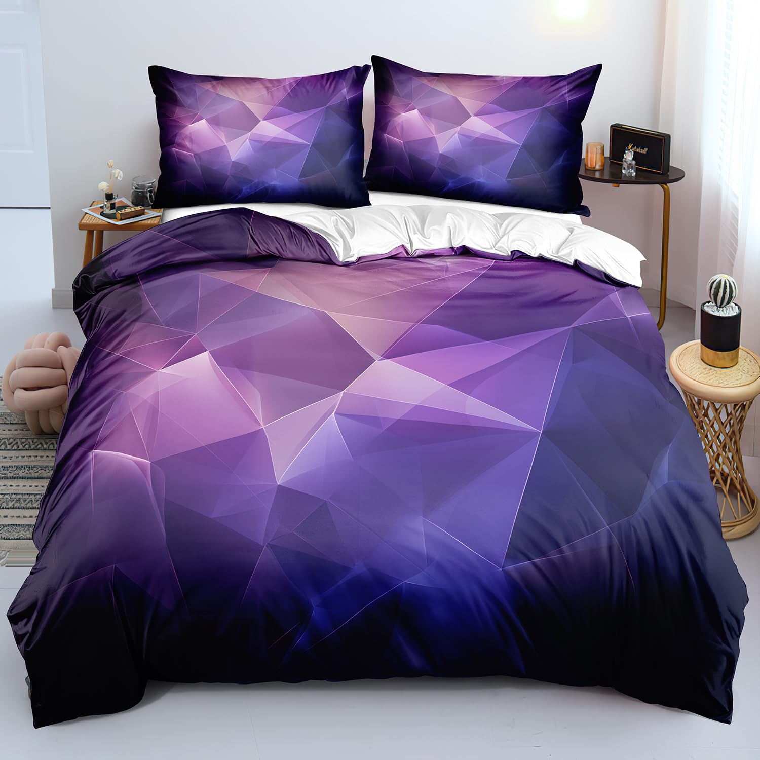 Housse de couette violette 140x200 cm à motifs géométriques triangulaires avec taie