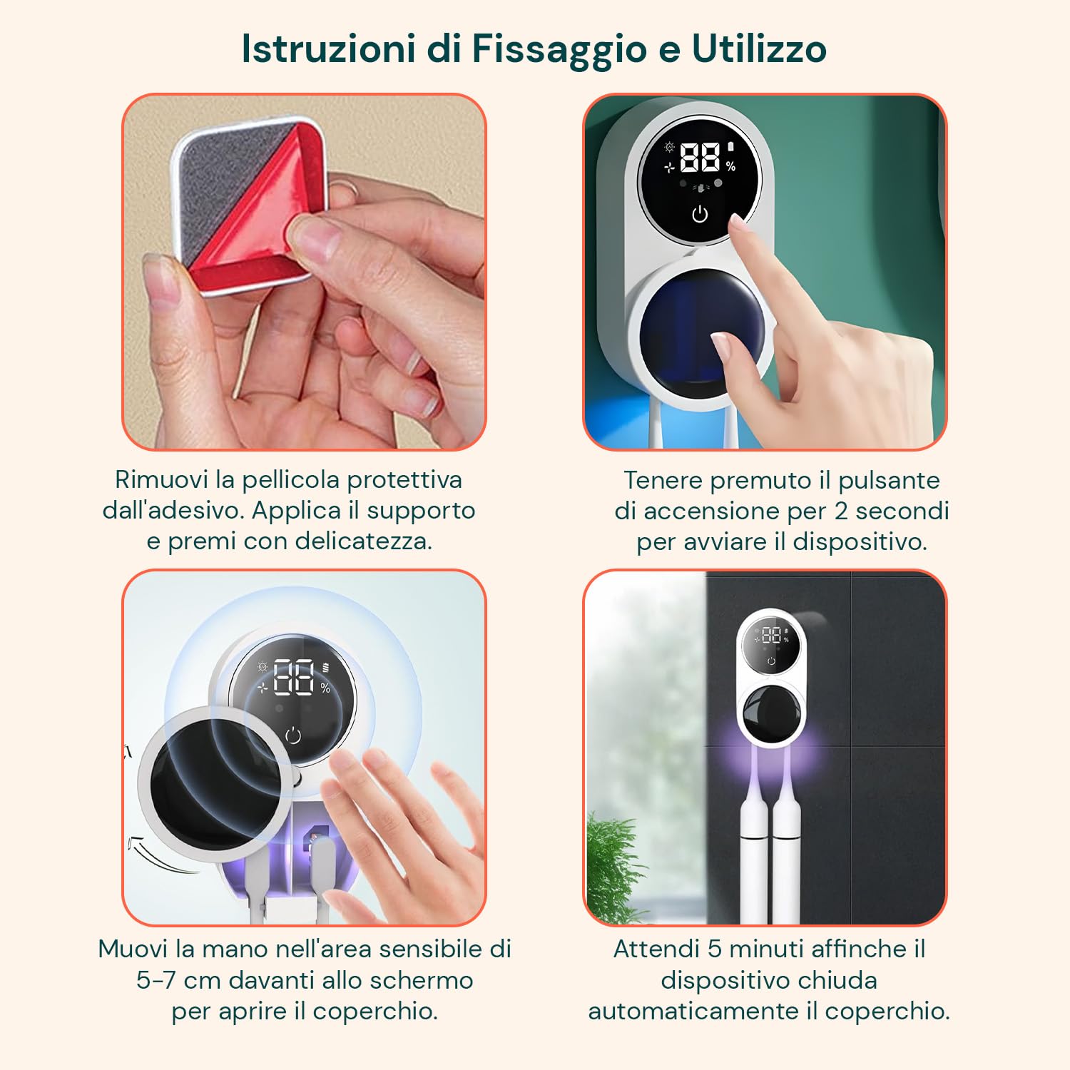 Avilia Sterilizzatore Spazzolini da Parete UV-C con Sensore Infrarossi e Display LED - Asciugatura Automatica e Ricarica USB - Porta Spazzolino Antibatterico per Spazzolini Manuali ed Elettrici
