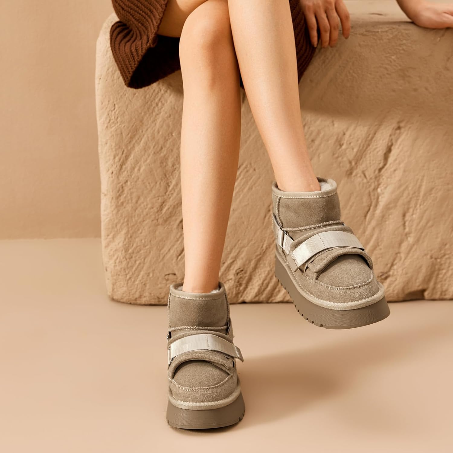 BEAU TODAY Womens Platform Ankle Boots Genuine Leather Mini Boots for Women Comfortable Lightweight Anti-Slip Fur Snow Boots Pull-on Walking Winter Boots - Image 3