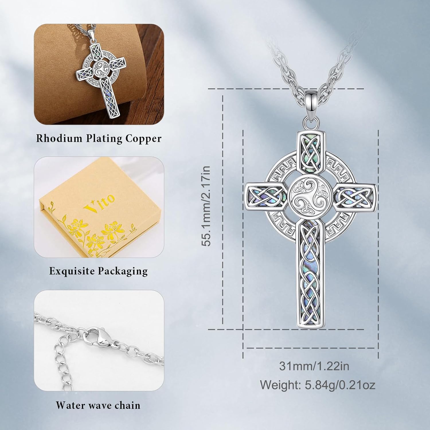 Vito Cross Necklace for Women Men, Copper Rhodium Plated Celtic Cross Star of David Pendant Deer Antler Fishing Original Jewelry Gift, 22"+2" - Image 6