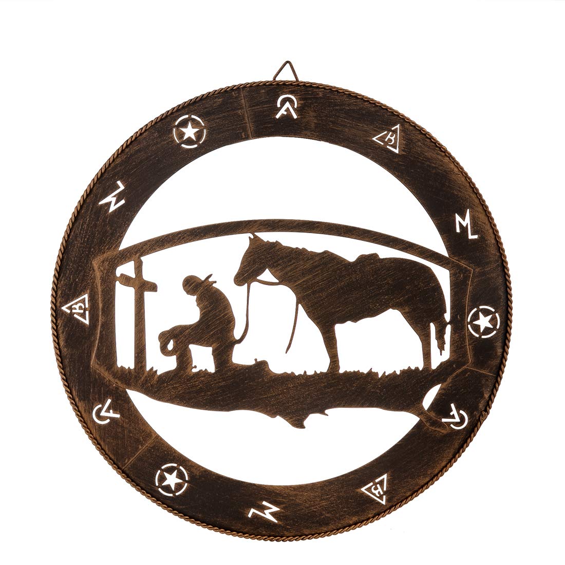 EBEI Praying Cowboy Metal Wall Art Wall Decor Circle Western Home Wall Decor 15" Copper Rustic Retro Metal Star Wall Decorations