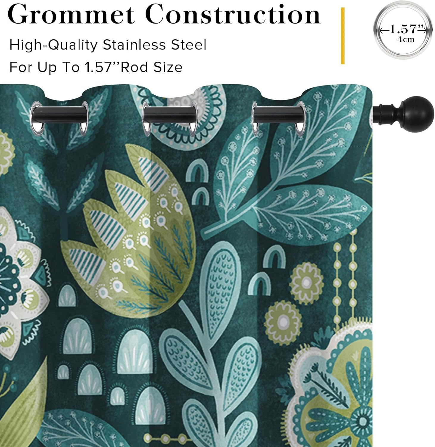 MitoVilla Boho Floral Blackout Curtains for Bedroom Windows, Plant Leaves Print Curtains for Living Room, Dark Green Bohemian Dining Room Curtain Draperies 2 Panel Sets, 52" X 84"