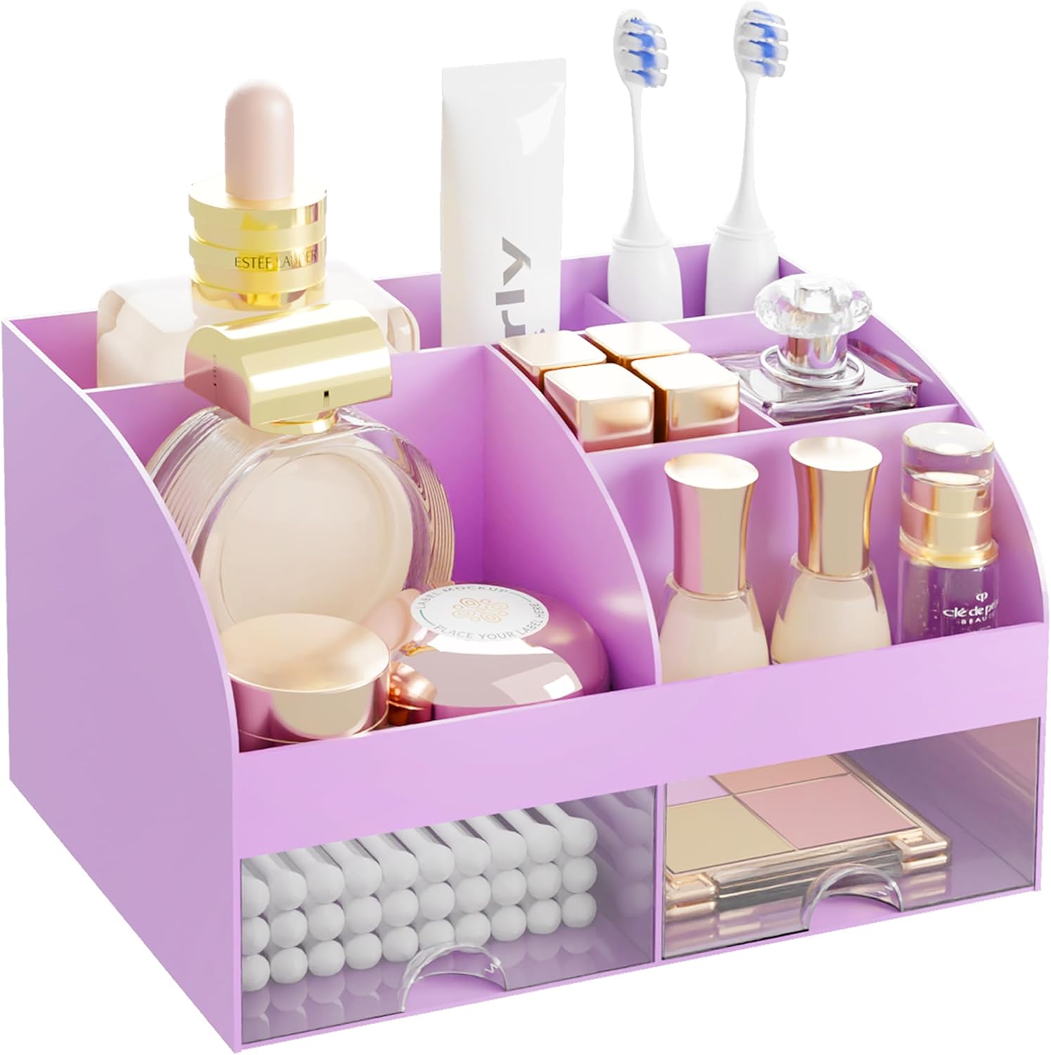 makeup organizer with 2 drawers, cosmetic storage for dresser vanity and bathroom countertop,make up organization and skincare storage with beauty brush holder, cosmetic display case (purple)