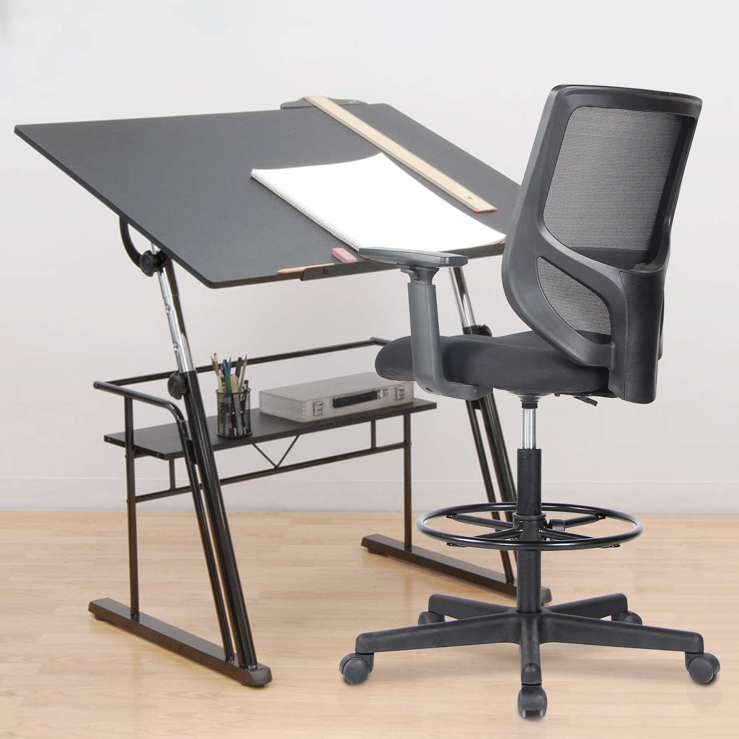 Drafting Chair Tall Office Chair, High Office Mesh Chair, Ergonomic Computer Rolling Chair, Standing Desk Stool with Adjustable Armrests and Foot-Ring : Office Products