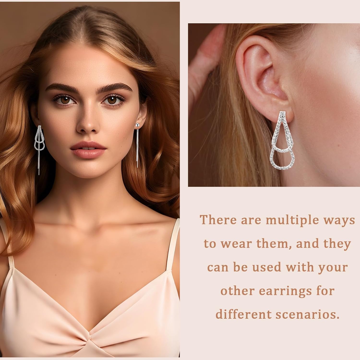 Large Silver Teardrop Dangle Earrings for Women Tassel with Cubic Zirconia Long Chain Dangling Front Back Earrings for Party - Image 4