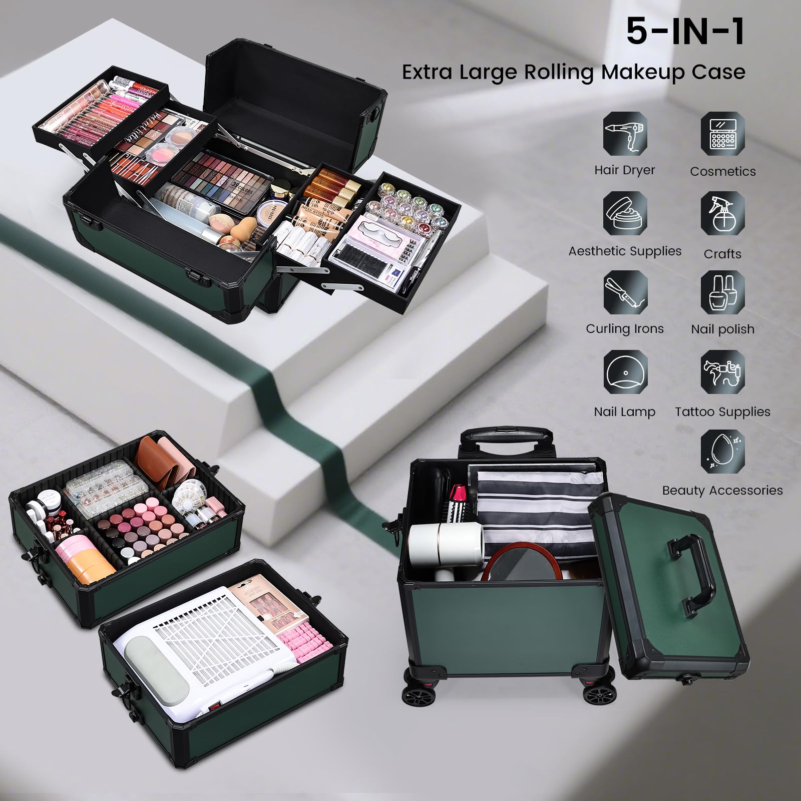 Valise de Maquillage Professionnelle - Mallette à Ongles et Coiffure, Structure Renforcée, 5 en 1 avec roulettes 360°, Serrure et Poignée Téléscopique, Idéale pour Rangement Professionnel,Vert
