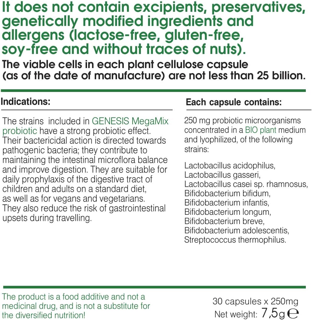 Bio Probiotic Supplement 30 Capsules with Bifidobacterium and Lactobacillus spp. 250 mg MegaMix Immune Support Acidophilus Probiotics for Digestive Health Gut Restore Probiotic