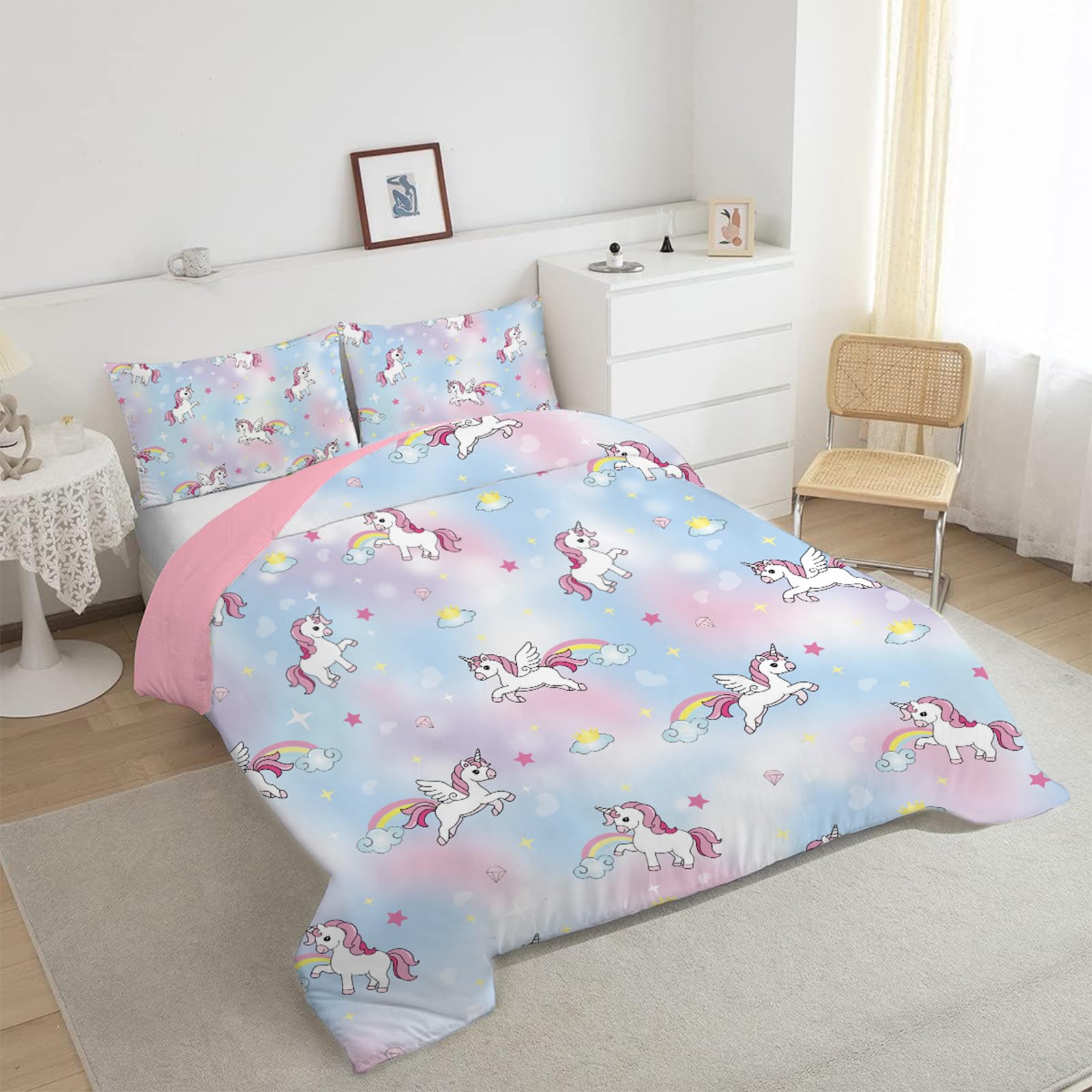 INTOMENG Unicorn Bedding Kids Double Duvet Set for Girls Pink Blue Bedding Quilt Cover Set 200×200cm Microfibre Duvet Covers and 2 Pillowcases 50×75cm 3D Printing Crown Auspicious Cloud Pattern - Image 2