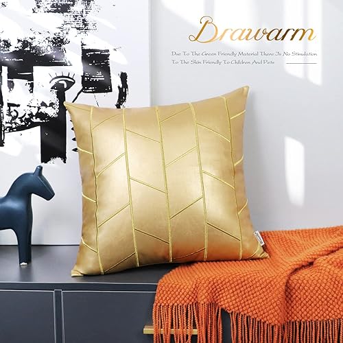 Miniatura 4 de BRAWARM Fundas de almohada de piel sintética de 16 x 16 pulgadas, fundas de almohada de cuero dorado, paquete de 2, almohadas decorativas de cuero
