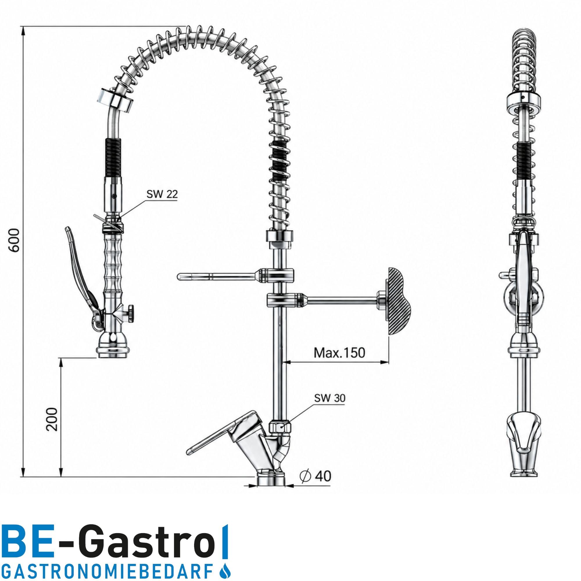 BE-GASTRO® | Alcachofa de cocina profesional, 60 cm | Grifo de gastronomía, grifo para fregadero de cocina, grifo de cocina, 1/2 pulgadas, grifo de gastronomía, grifo de ducha