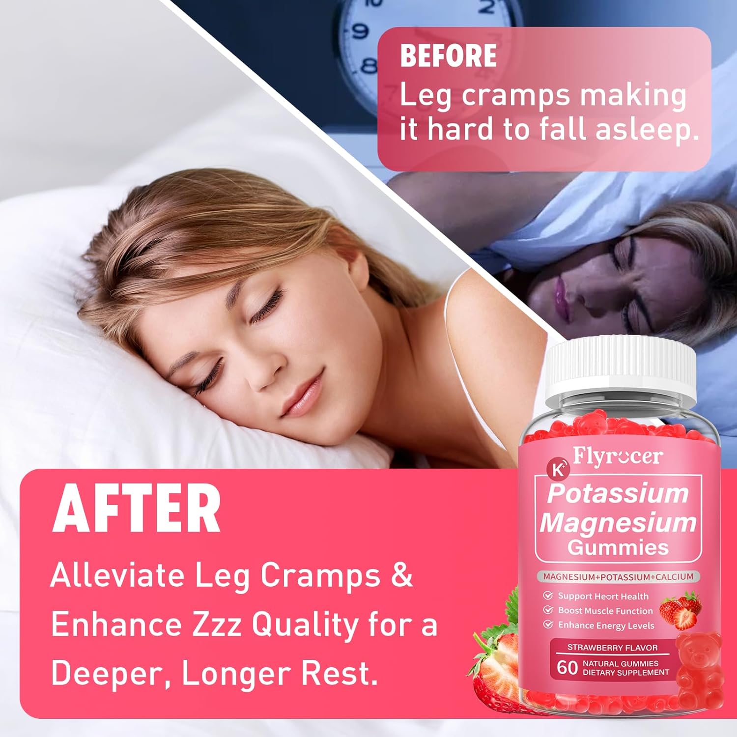 Potassium Magnesium Gummies for Men & Women, Potassium Magnesium Supplement for Leg Cramps, Muscle Health, & Electrolyte Balance, Strawberry Flavor, 60 Gummies - Image 3