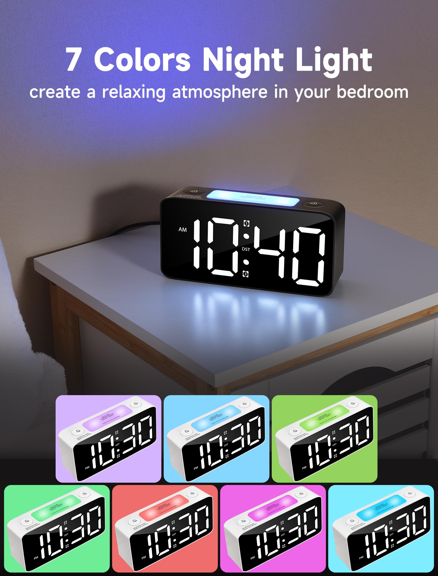 Cadmos Extra lauter Wecker mit 110 dB für schwere Schläfer, digitale Uhr mit 7 Farben-Nachtlicht, RGB-Display, Dual-USB-Ladegerät, kleine Uhren für Schlafzimmer, Kinder, Jugendliche (Weiß + RGB)