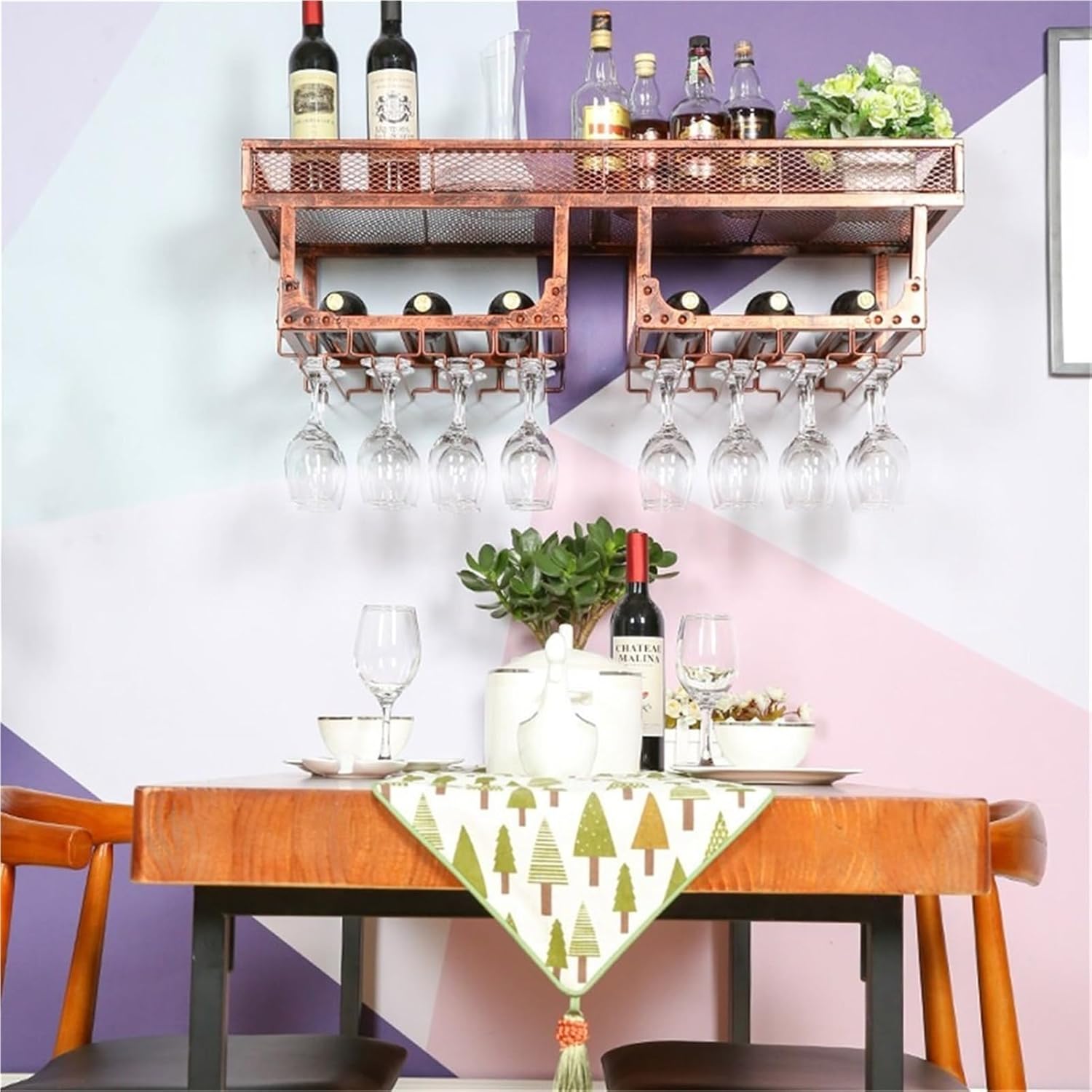 Wine Shelf Vintage Metal Wine Rack with Double Layer Bottle & Glass Holder | Wall-Mounted Rustic Decor for Kitchen/Bar/Restaurant Wine Holder