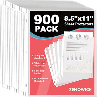 Zenowick 900 Pack Clear Sheet Protectors 8.5x11 Inch - Durable Top-Loading Page Protectors for 3-Ring Binders, Documents & Photos
