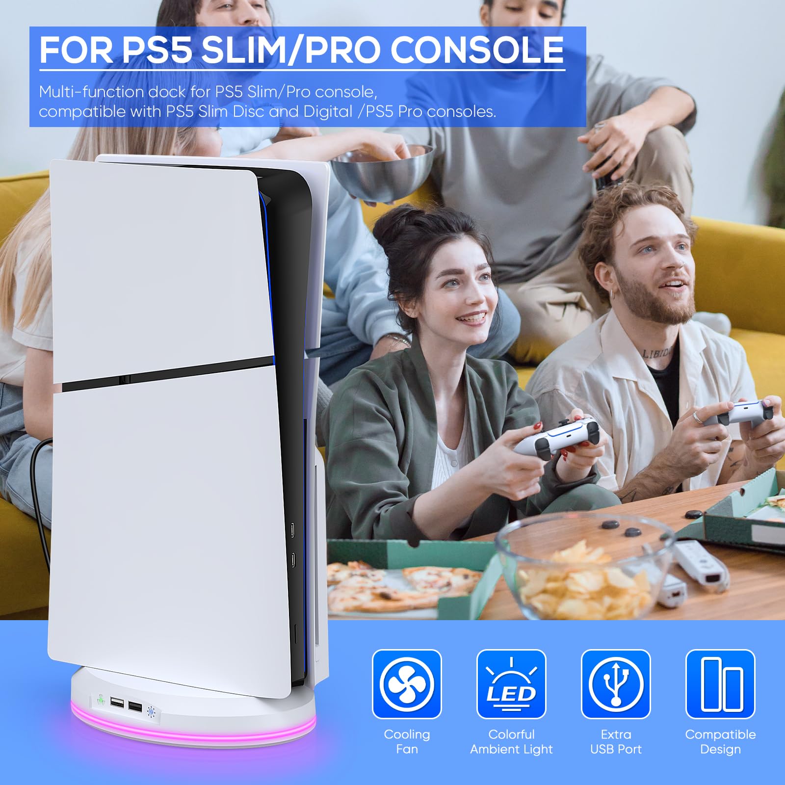 FASTSNAIL Standfuß mit Lüfter für PS5 Slim/Pro Konsole, LED Ständer kompatibel mit Playstation5 Slim/Pro Digital/Disc Edition，Zubehör für PS5 Slim/Pro