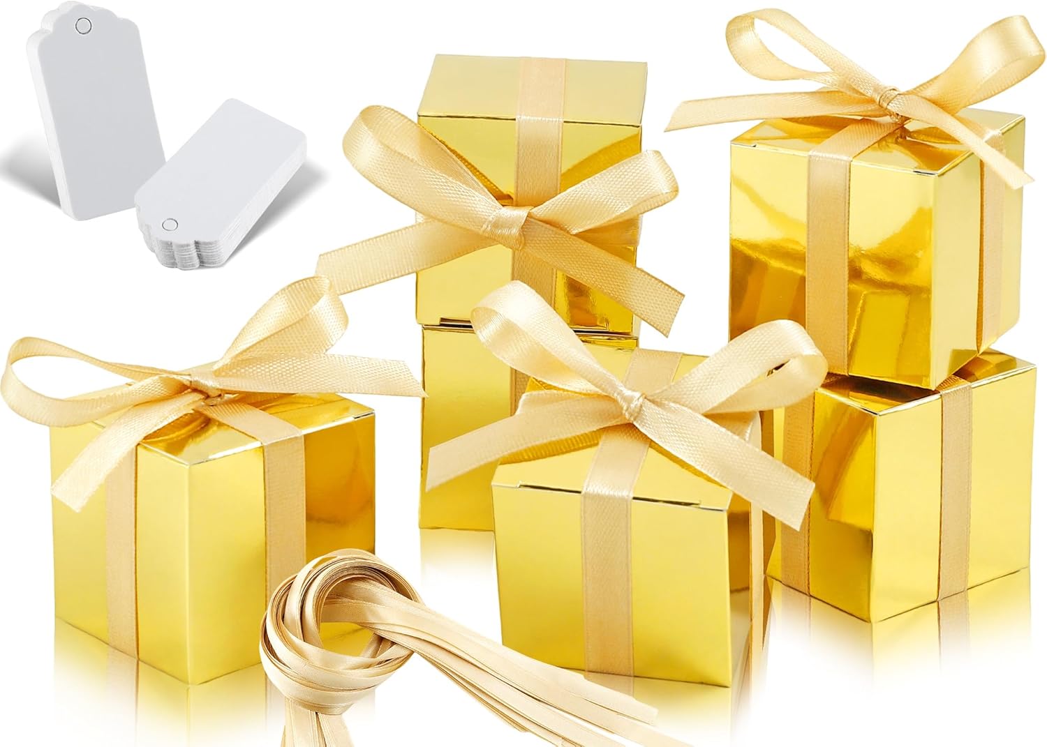 Gabotrie 100 Pack Small Gift Boxes with Ribbon, 2x2x2 Mini Paper Gift Favor Boxes, Gold Cardboard Box with Lids, Mini Shipping Box for Gifts Graduation Birthday