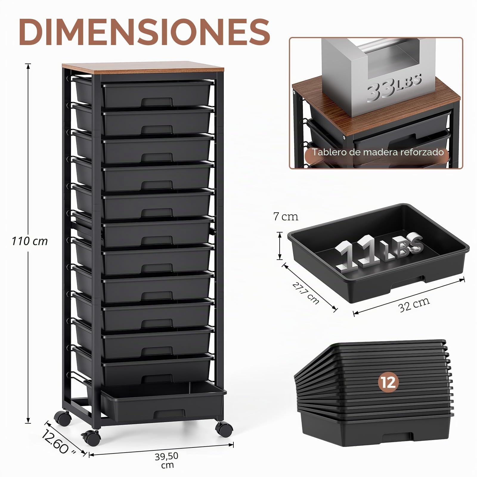 SYKIARIOL Carrito de 12 cajones con Ruedas y encimera de Madera, Negro | Carrito multiuso para bricolaje, carrito con encimera imitación madera para baño, cocina, salón y dormitorio