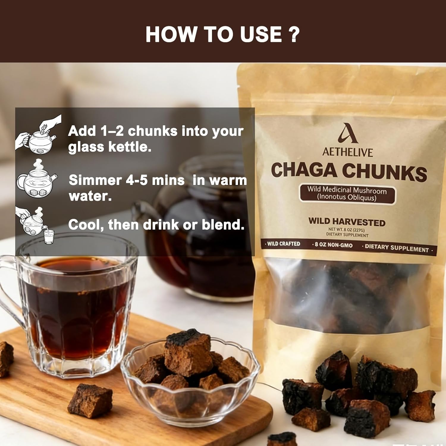 Chaga Mushroom Tea Chunks - 8 Ounce, 100% Wild Harvested with Black Top Crust, Premium Raw Chaga Tea Chunks - Antioxidants, Focus, Healthy Drinks