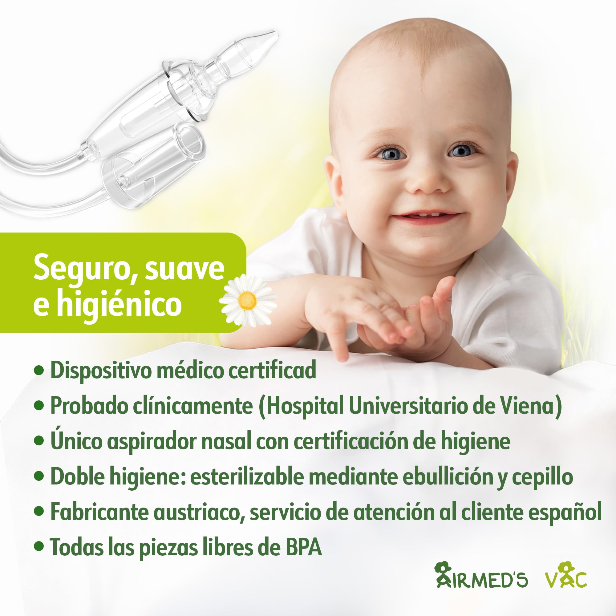 Airmed's Vac Aspirador nasal bebés. Clínicamente probado, seguro y suave | Nariz despejada en 3 segundos. Con 2 cabezales de succión y cepillo de limpieza incluido. Apto para todas las aspiradoras