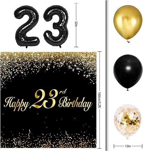 Miniatura 3 de Juego de globos negros de feliz cumpleaños 23  Saludos a 23 años de edad, guirnalda temática de fiesta temática de guirnalda de pancartas