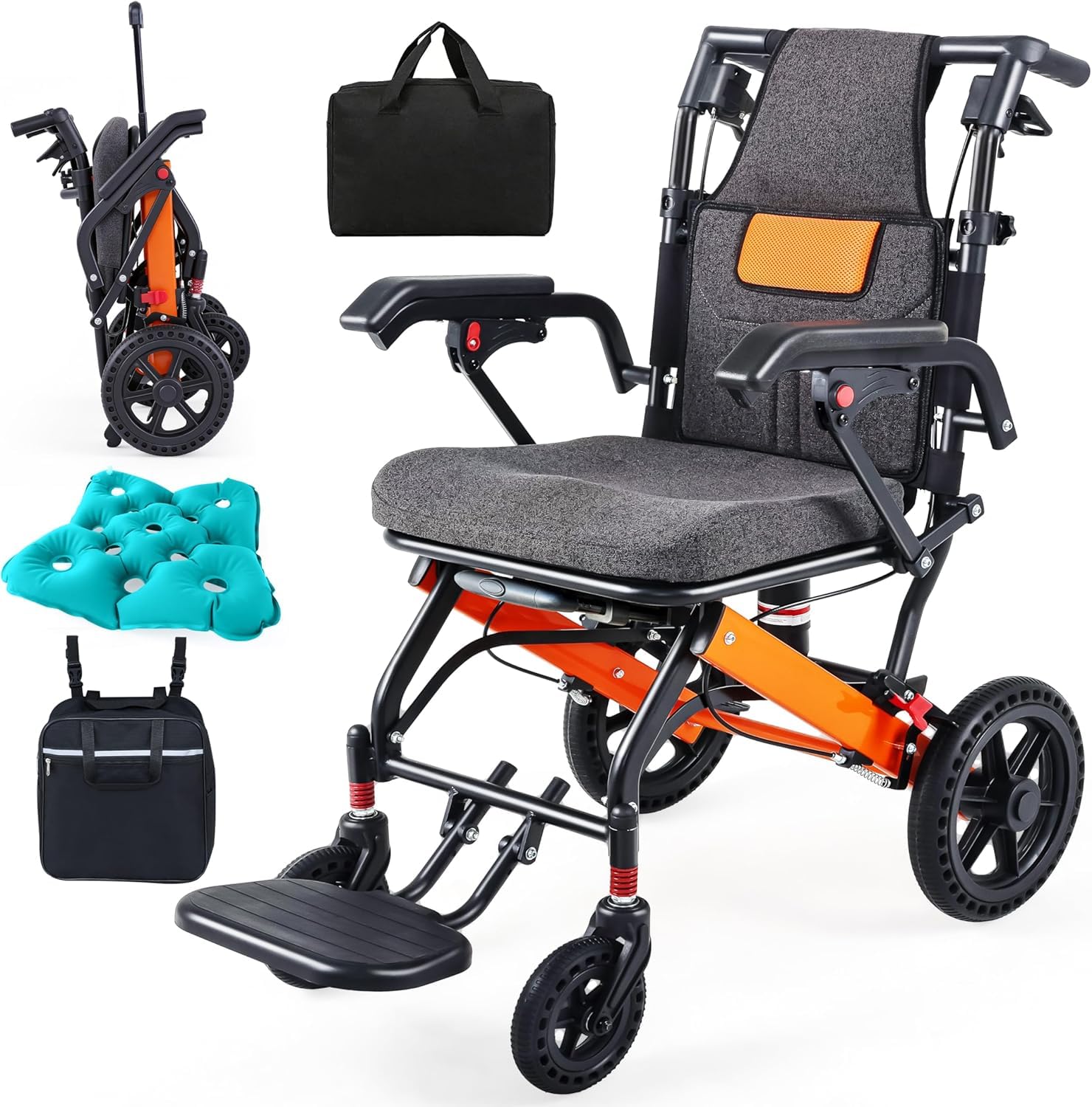 Super Lightweight Portable Transit Travel Wheelchair, Upgraded Folding Transport Wheelchairs (Weight 24lbs) for Adults and Seniors, Come with Telescopic Handle and Travel Bag
