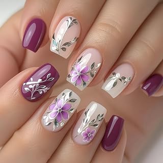 Purple Press on Nails Medium Fake Nails Spring Flowers False Nails with Silver Leaves Design Summer Artificial Nails Square Nails Press Ons Full Cover Glossy Floral Stick on Nails for Women Manicure