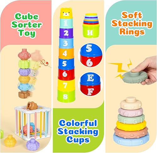 Miniatura 4 de Juguetes Montessori 6 en 1 para bebés de 6 a 12 meses, bloque apilable, suave, forma de anillo para bebé, aprendizaje sensorial, cubo de tirar de