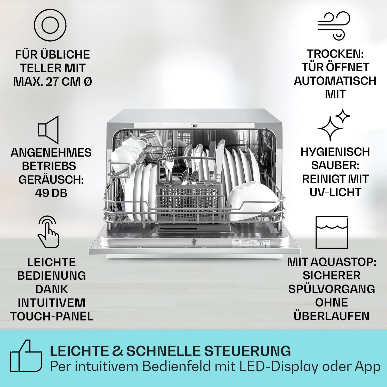 Klarstein Mini-Geschirrspüler für 6 Gedecke, leiser UV-Geschirrspüler mit 6 Spülprogrammen, klein für Zuhause Büro Camping