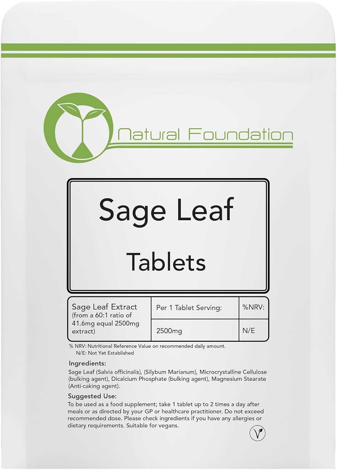 Sage Leaf Tablets 2500mg High Strength Standardised Vegan Tablets