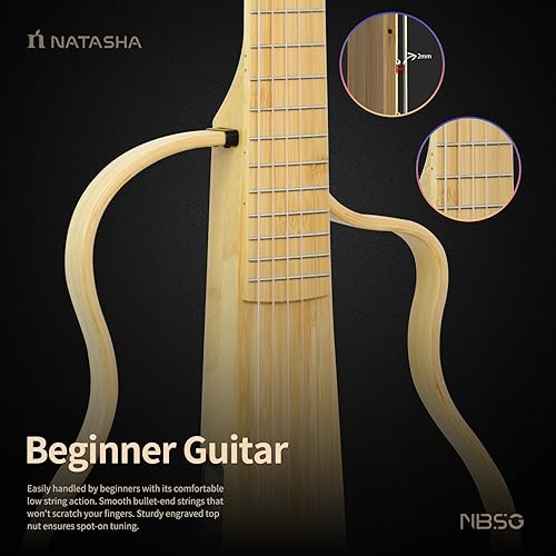 Miniatura 3 de Natasha Guitarra acústica eléctrica de bambú, guitarra inteligente silenciosa de cuerda de acero, guitarra para principiantes con sistema de proceso