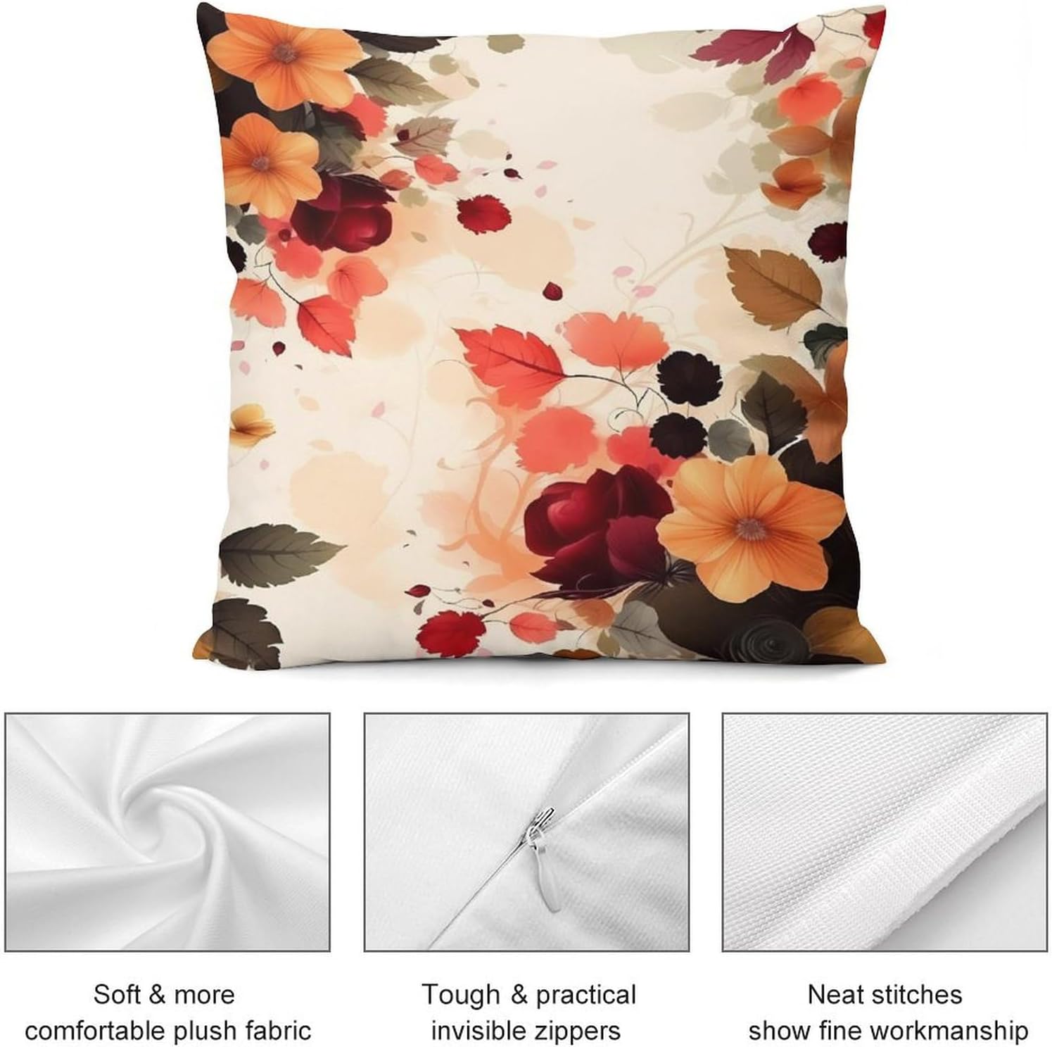 Zippered Pillow Cover, Pillow Protector, Autumn Beautiful Floral Printed Pillow Cover of 4, Pillow Not Included