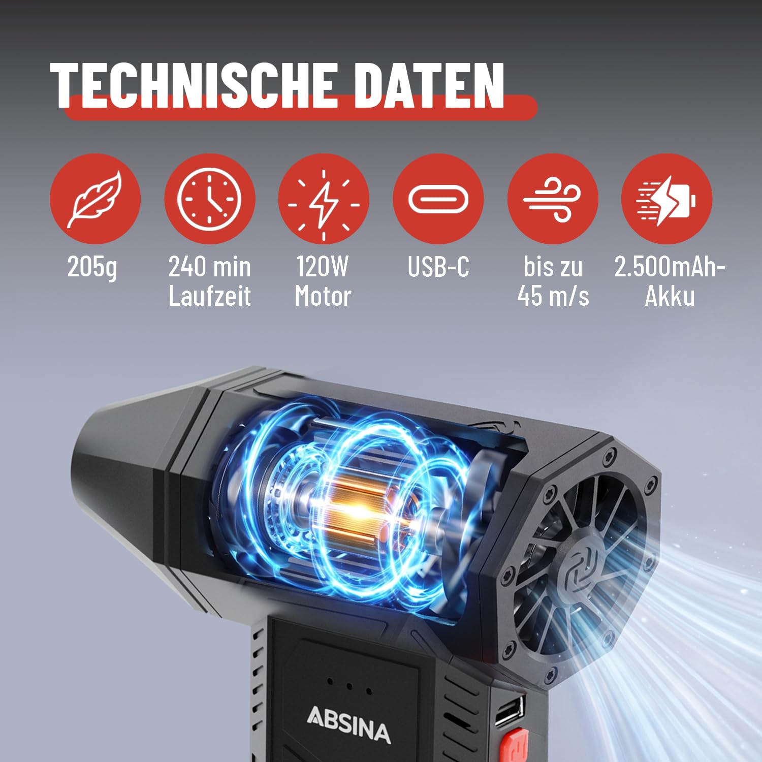 ABSINA Soplador de polvo de aire comprimido 110.000 rpm, 3 velocidades y recargable | Pack de 2 Plumeros eléctricos con 4 boquillas, soplador de batería inalámbrico para PC, teclado, casa, coche, etc