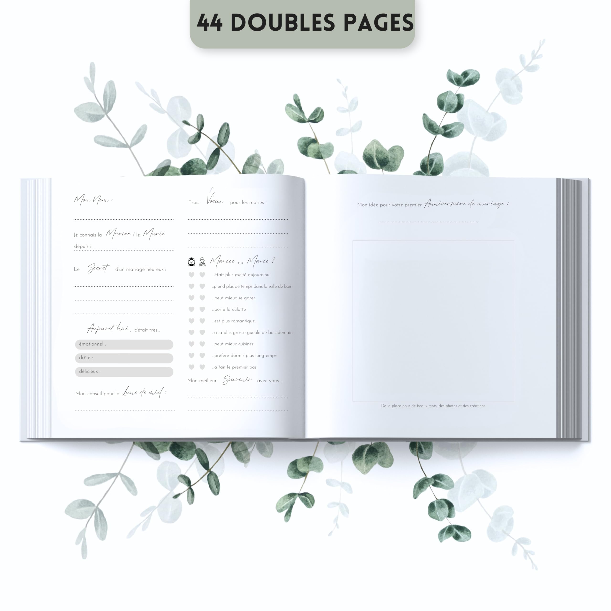 Livre d'or Mariage Haute qualité Questions à remplir 44 Pages Doubles