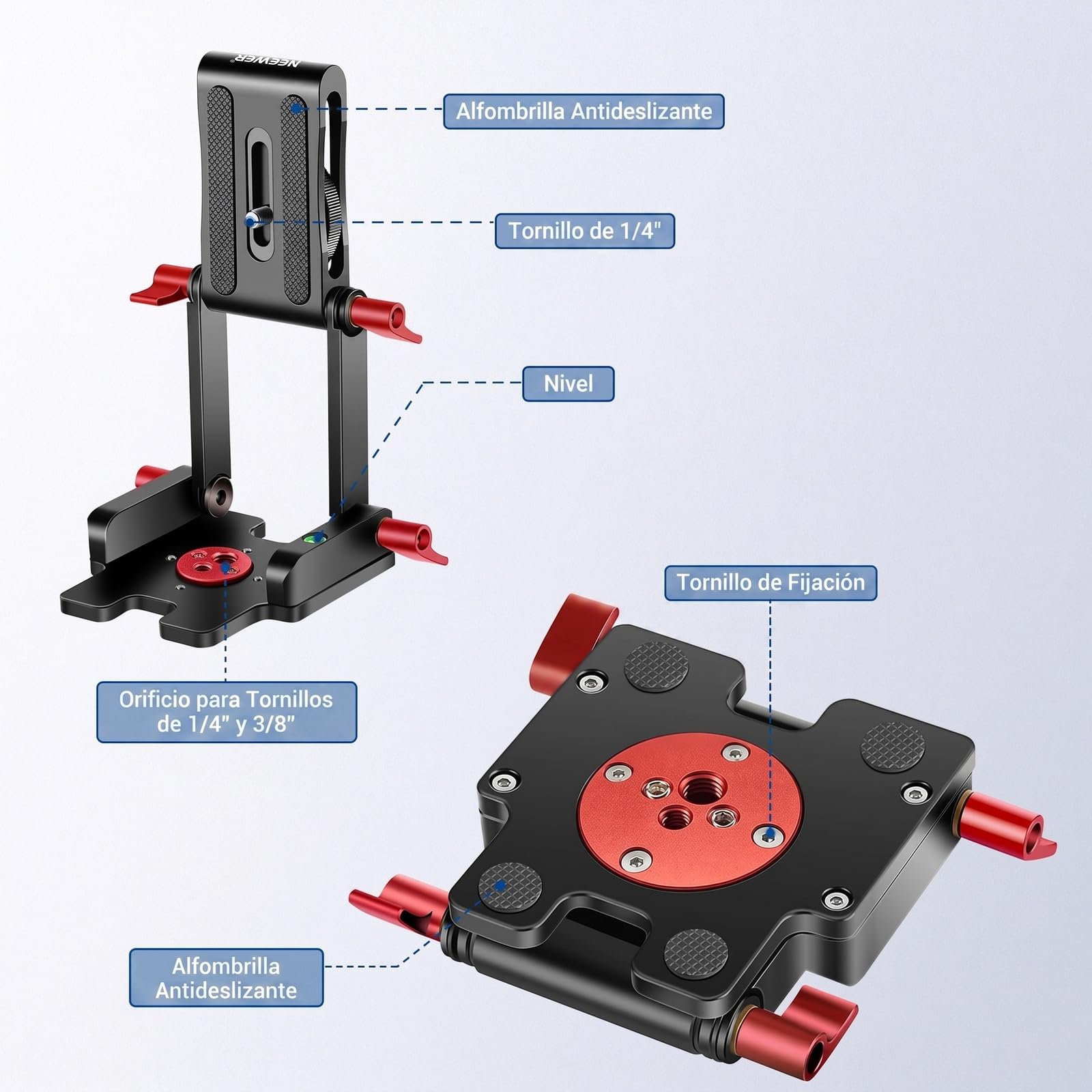 Neewer Actualizado Z-Flex Cabezal Inclinación Trípode Tipo Z con 4 Perillas Ajuste/Fijación, Placa Liberación Rápida y Nivel Burbuja para Cámaras Trípode/DSLR/Control Deslizante