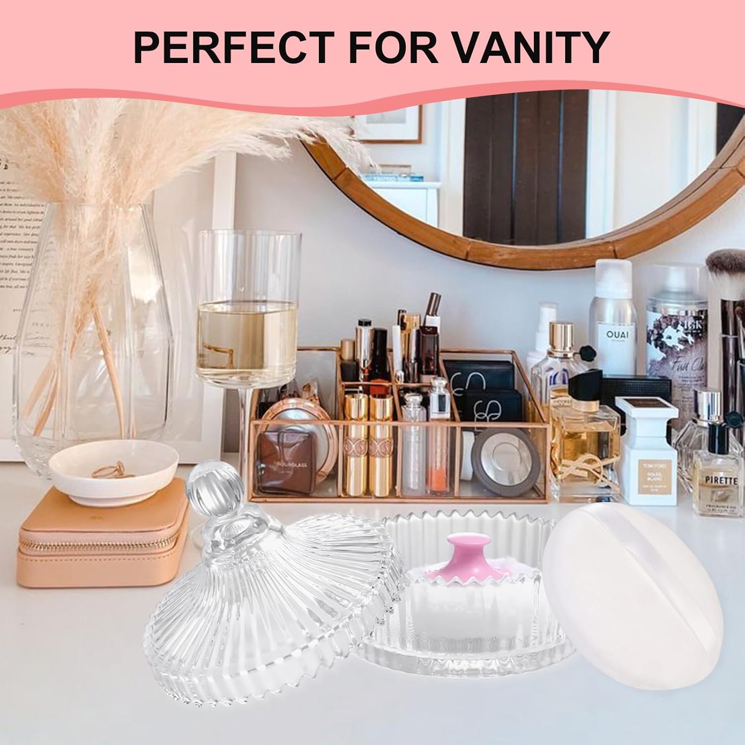 LAKIRA Large Body Powder Puff and Container, 2 Large Powder Puffs, Crystal Powder Container with 3.93" Puff for Baby Women, Dusting Powder Container with Puffs for Women, Bath, Home Use (4″ Pure) - Image 2