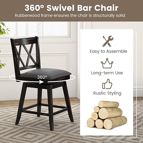 Miniatura 17 de COSTWAY Juego de 2 taburetes de bar giratorios de 360° de altura de mostrador de 25 pulgadas con reposapiés, cojín tapizado y respaldo ergonómico,