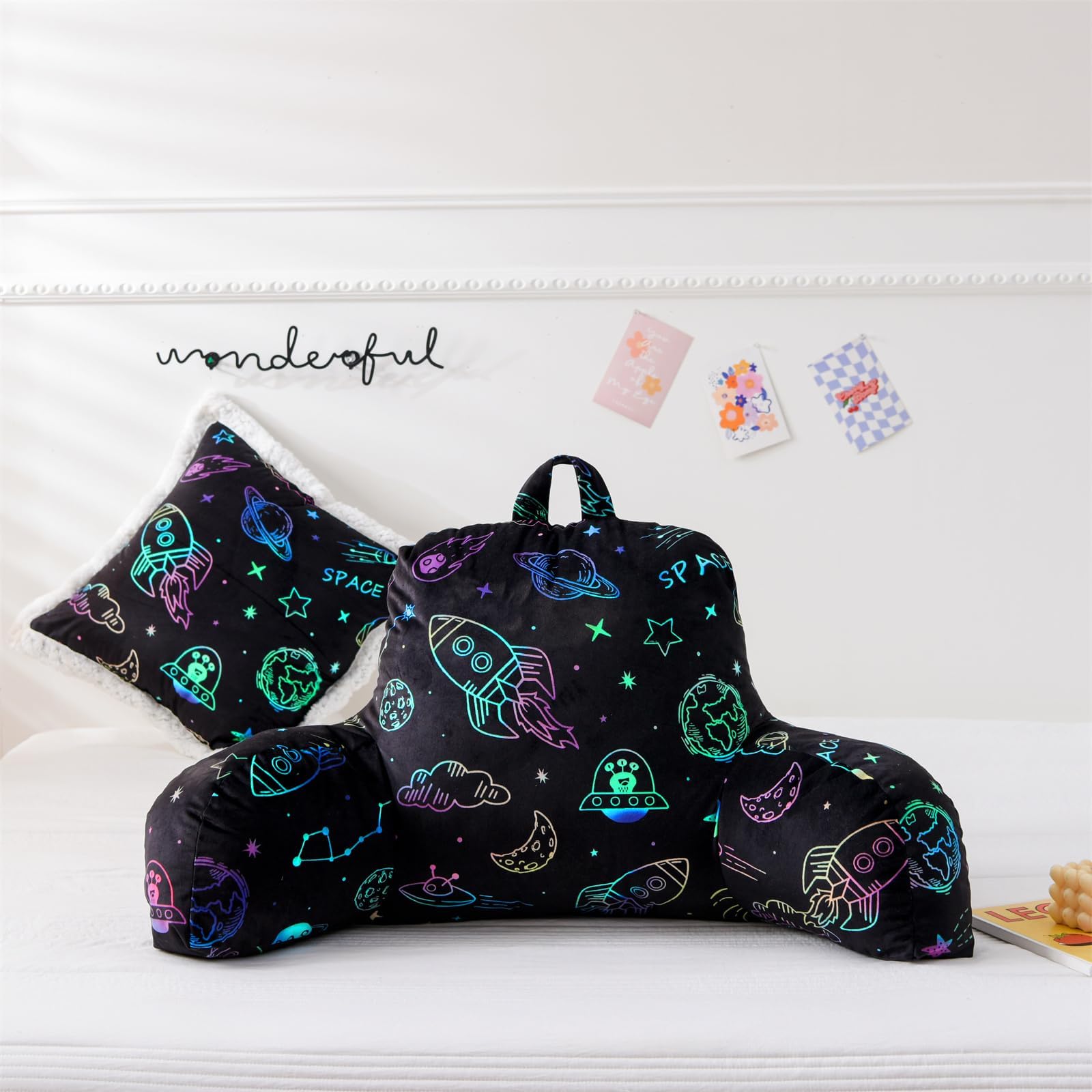 A Nice Night Kids Back Reading Pillow for Reading and Watching TV Bed Rest Pillow to Lounge with Comfortable Back Support Great for The Bed or Couch,Space Printed,Matching Cushion Cover