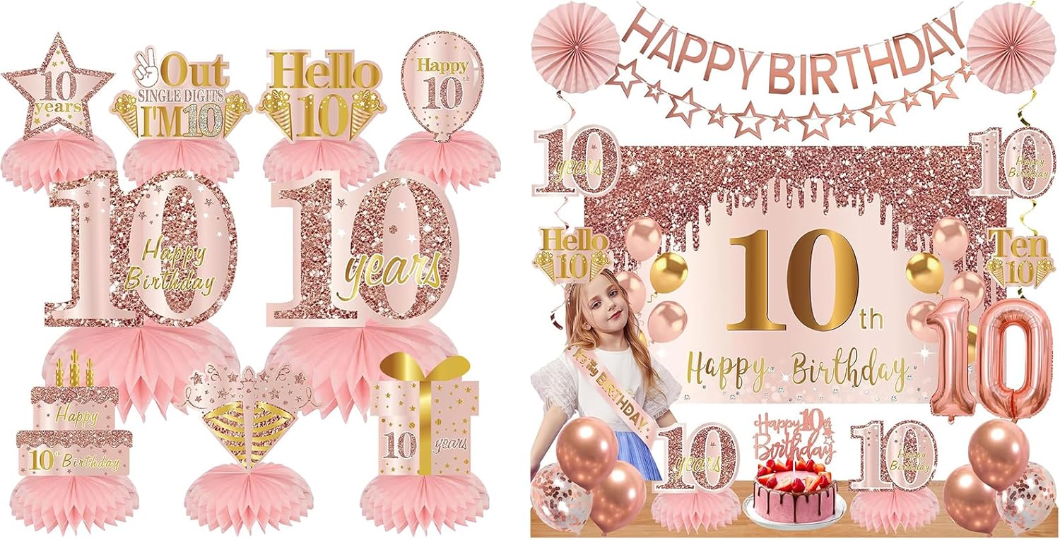 10th Birthday Decorations for Girls, Pink Rose Gold Happy 10 years old Birthday Banner Backdrop Balloons Sash Table Cake Topper Honeycomb Centerpieces Hanging Swirls Paper Fans Party