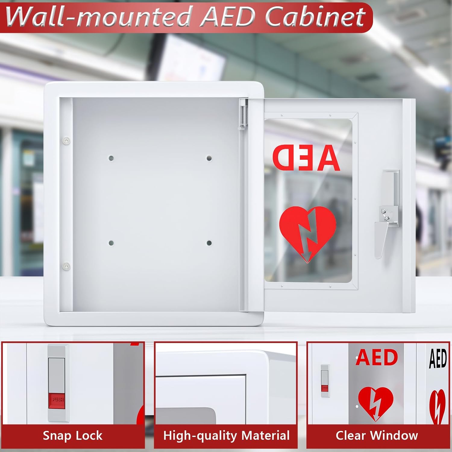 NLShan Wall Mounted AED Defibrillator Cabinet, Metal Steel Plate Storage Cabinet with Snap Lock, Fit All Brands of AED, 14.2 x 7.9 x 15.8 Inch - Image 3