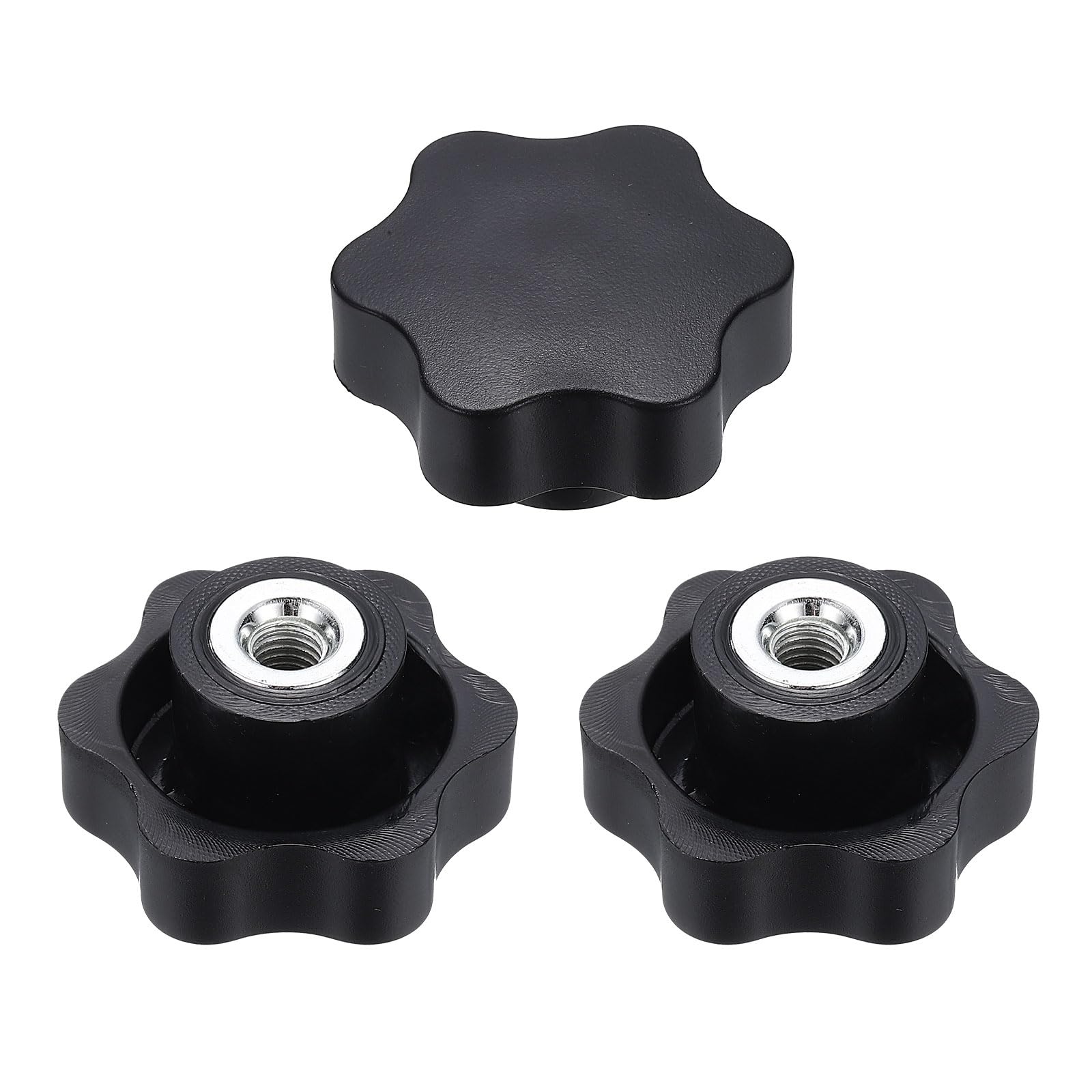 sourcing map 3pcs Star Clamping Nuts M8 Female Thread 48mm 6-Point Plastic Head Iron Insert Non-Through Hole Screw-in Threaded Knob Hand Tightening Clamping Handles, Black โ image 1