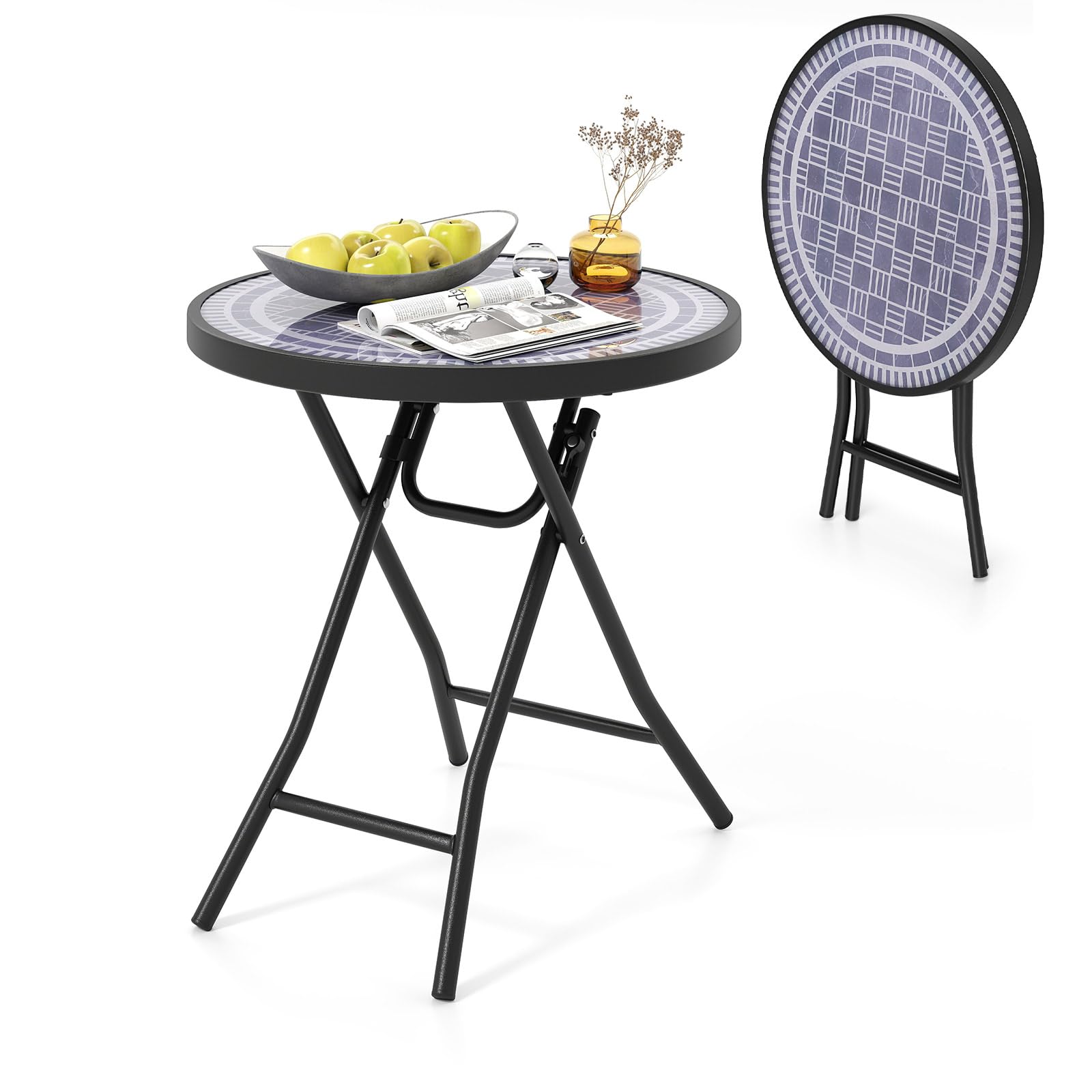 KOMFOTTEU Mesa de Jardín de Vidrio Templado de 46 cm, Mesa Auxiliar Plegable con Marco de Metal, Mesa de Comedor Redonda para Patio, Terreza, Balcón, Mesa Lateral para Interior y Exterior (Gris)
